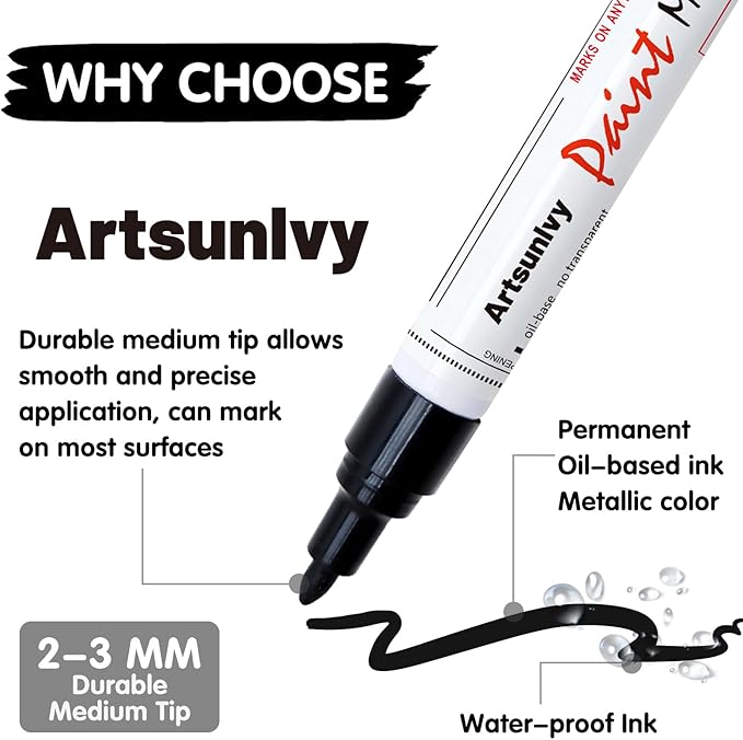 Artsunlvy Permanent Paint Pens Paint Markers - 2 Pack Black & White Oil Based Quick Dry Waterproof Markers For Tire, Rubber,Wood, Rocks, Metal, Canvas