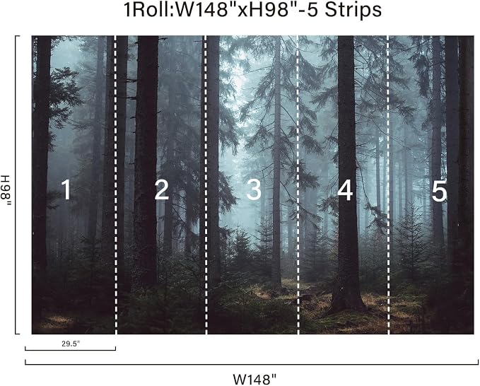 Foggy Forest Wall Murals Peel and Stick 148" W x 98" H | Misty Woodland Tree Self Adhesive Renter Friendly Wallpaper for Bedroom Living Room
