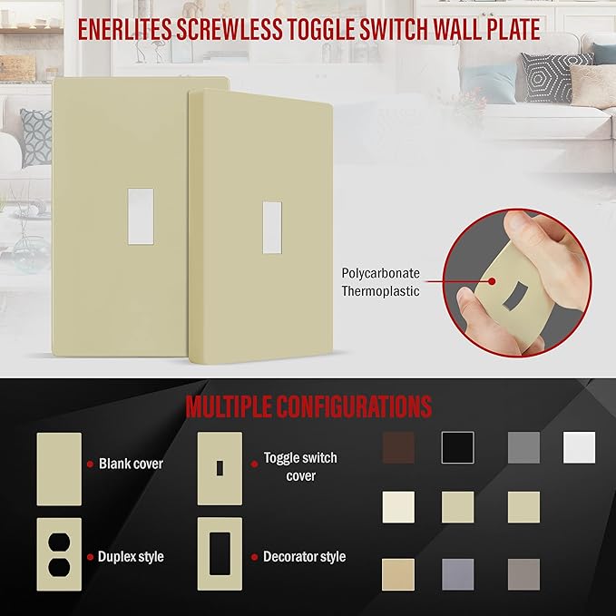 ENERLITES Screwless Toggle Switch Wall Plate, Child Safe Light Switch Cover, Standard Size 1-Gang 4.68" x 2.93", Unbreakable Polycarbonate Thermoplastic, UL Listed, SI8811-I, Glossy, Ivory