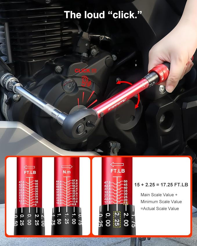 Torque Wrench Set-1/4 20–240 in-LB, 3/8" 5–50 ft-lb,1/2" 10–170 ft-lb with 3 Socket Adapters,±3% Accuracy, Dual Scale, 72-Tooth, Dual-Direction for Car, Bike, Motorcycle Repair Maintenance
