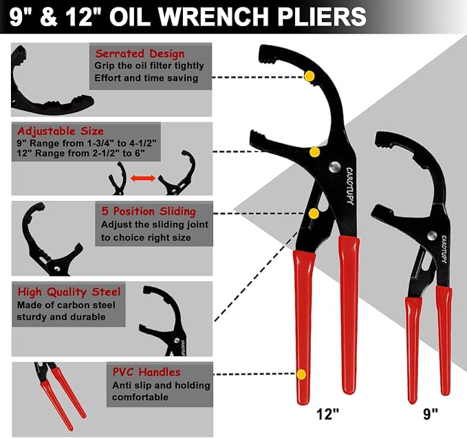 9pcs Oil Filter Wrench Set, 9" and 12" Oil Filter Pliers with Oil Snap Funnel for Automotive Oil Change, Adjustable Oil Filter Removal Tool From 1-3/4" to 6" | Universal Oil Filter Removal Tool 1-3/4" - 6", 9" & 12" Adjustable Oil Filter Pliers, Snap-O...