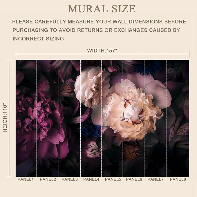 MFWFM Dark Floral Peel and Stick Wallpaper Peony Flowers Wall Murals | 157"x110", for Bedroom Living Room Bathroom, Self Adhesive Canvas
