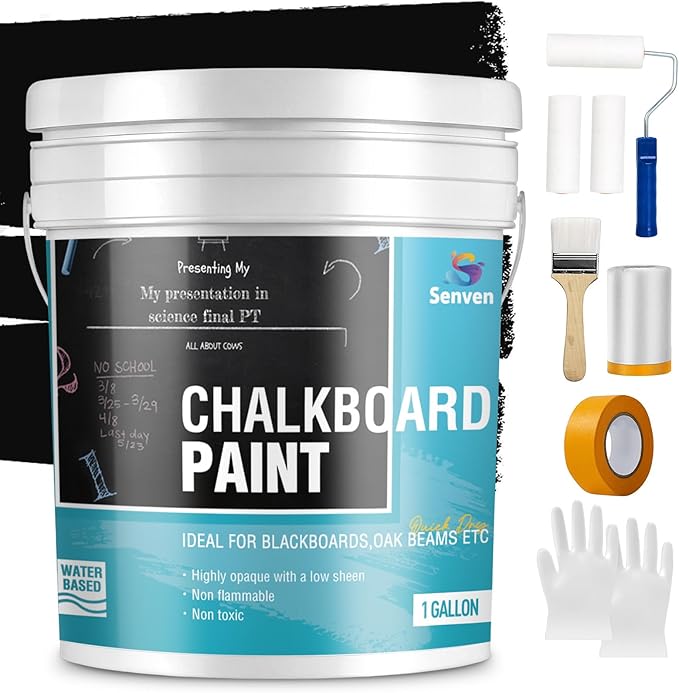 Chalkboard Paint 1 Gallon Black Chalk Board Paint for Wood, Metal, Glass, Wall, Plaster Boards Sign, Frame, Interior/Exterior, Built-in Primer & Top Coat, Black Matte, Acrylic 330 sf with Tools kits