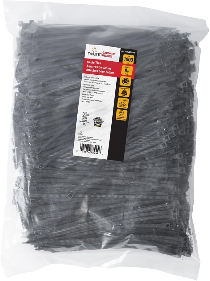 Gardner Bender 46-308UVBM Standard Cable Tie, 0.17" Width, 8" Length, 2" Maximum Bundle Diameter, Ultraviolet Black, (Case of 5) (46-308UVBMN)