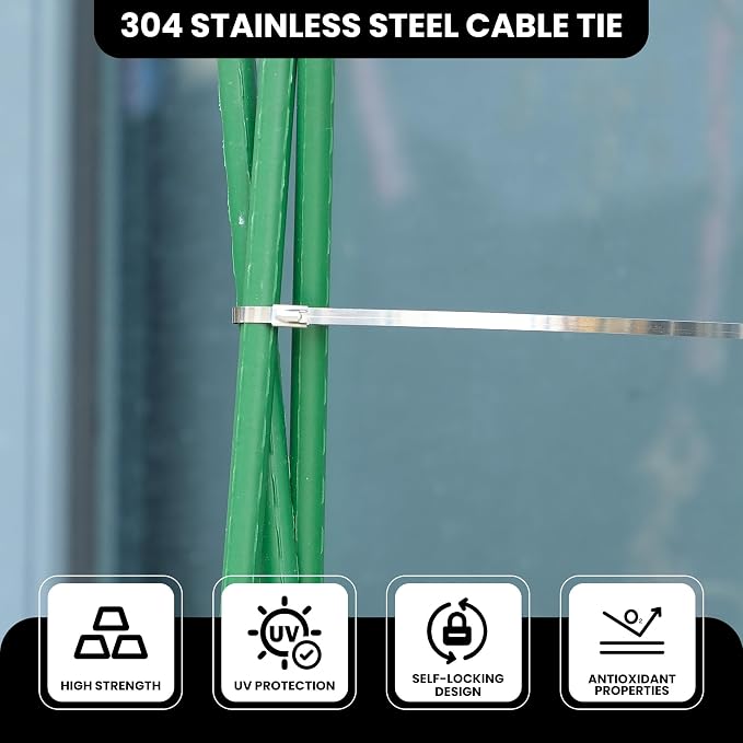 11.8 Inch 100 Pcs 304 Stainless Steel Metal Zip Ties | Heavy Duty Outdoor Cable Ties with Self-Locking Design for Machinery, Vehicles, Farms, Pipes, Roofs, Cables