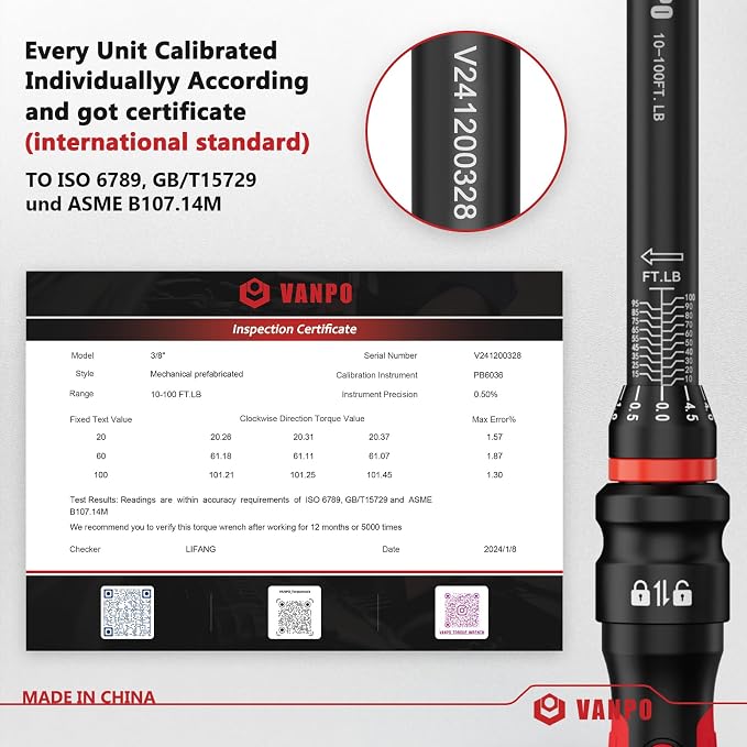 VANPO Torque Wrench 3/8-Inch Drive, 10-100 ft-lb, for Motorcycle | ±3% Precision, Calibration, Click Style, TPR+ABS Handle, Dual Direction, Dual Direction, for Spark plugs, Brake & Lug nuts