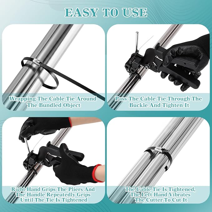 LEIFIDE Stainless Steel Cable Tie Gun Set 200 Pcs 11.8 Inch Heavy Duty Metal Zip Tie Adjustable Fastening Cutting Tool for Outdoor Exhaust Wrapping Fence Workshop (Black)