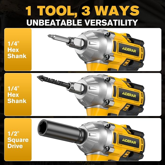 20V Cordless Impact Wrench for DeWalt Battery 500Nm (369Ft-Lbs) | 1/2" & 1/4" Brushless Impact Gun, 2-Speed High Torque Power Tool for Tire Removal, Rusted Bolts, Car Maintenance(No Battery)