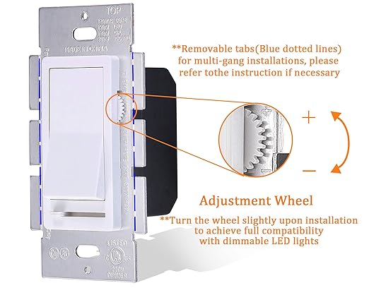 CLOUDY BAY in Wall Dimmer Switch for LED Light/CFL/Incandescent,3-Way Single Pole Dimmable Slide, 600W max Incandescent,150W max Dimmable LED/CFL, Cover Plate Included, Pack of 2