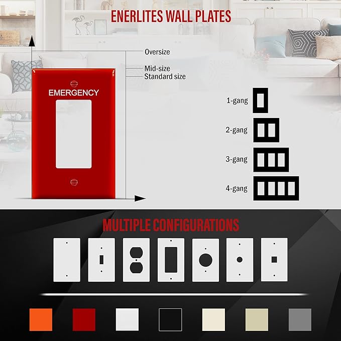 ENERLITES Decorator Light Switch or Receptacle Outlet Wall Plate with Emergency Label, Mid-Size 1-Gang 4.88" x 3.11", Unbreakable Polycarbonate Thermoplastic, UL Listed, 8831M-ER, Red