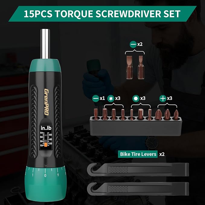 GRENPRO Scope Torque Wrench 15 Pcs Torque Screwdriver Set, 10-70 Inch Pound Torque Wrench, 1/4" Drive for Bicycle Repair, Gunsmithing, & Maintenance, Includes 12 S2 Steel Bits & 2 Tire Levers