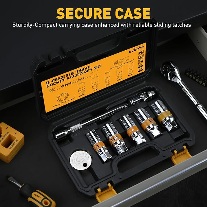 8-Piece 3/8" Drive Spark Plug Socket Set with Universal Joint, Spark Plug Gapper and 6" Extension Bar, SAE & Metric, 5/8", 3/4", 13/16", 14mm, 18mm, CR-V Sockets with Rubber Holding Rings