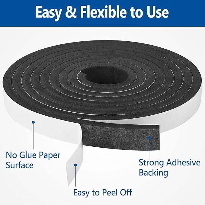 Self Adhesive Foam Tape Weatherstrip 1/2In x 1/4In x 52Ft High Density Foam Insulation Strips Foam Seal Weather Stripping with Strong Adhesive for Door and Window Sound Isolation Soundproofing