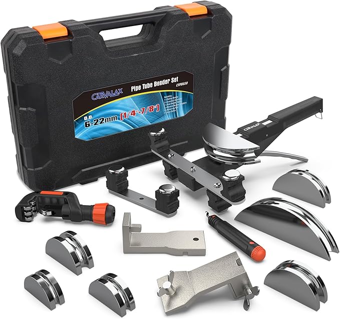 CAVALAX Aluminum Pipe Tube Bender Set with 7 Electroplated Bender Heads, for 1/4” to 7/8” O.D, 90° Ratcheting Tubing Bender w/Reverse Bending Adapters, for HVAC, Air Conditioning, and Heating Repair