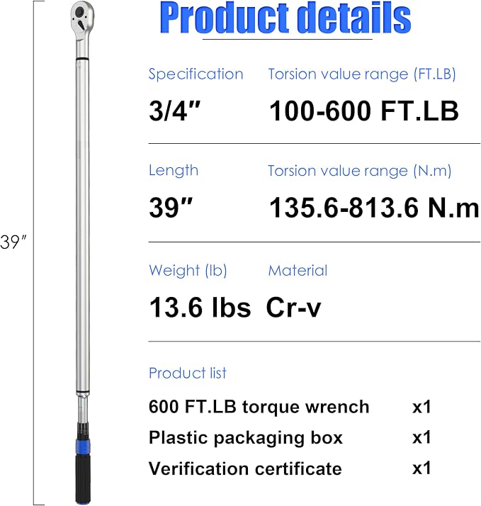 3/4'' 100-600 Ft Lb Torque Wrench Heavy Duty, Dual Direction | High hardness, Long lifetime, Stored In a Solid Case, Quick Release, Cr-V