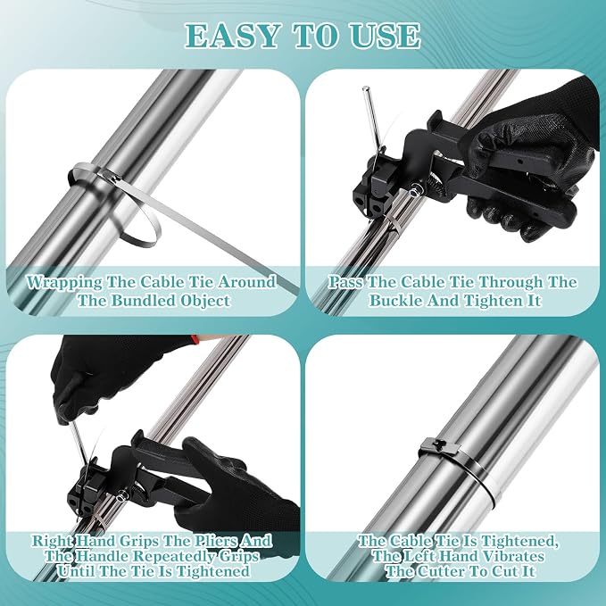 LEIFIDE Stainless Steel Cable Tie Gun Set 200 Pcs 11.8 Inch Heavy Duty Metal Zip Tie Adjustable Fastening Cutting Tool for Outdoor Exhaust Wrapping Fence Workshop(Silver, Black)