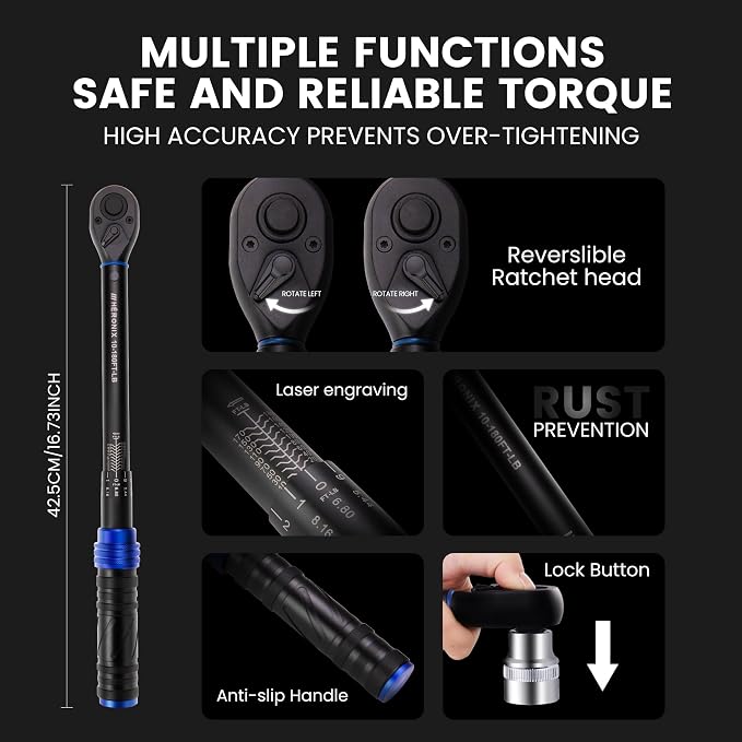 1/2 Inch Drive Click Torque Wrench, 10–180 Ft.Lb/13.6–244.0 Nm ±3% Accuracy, 72-Tooth Dual-Direction Ratchet, Adjustable Newton Meter Torque Wrenches for Motorcycle,Car & Bicycle Repair