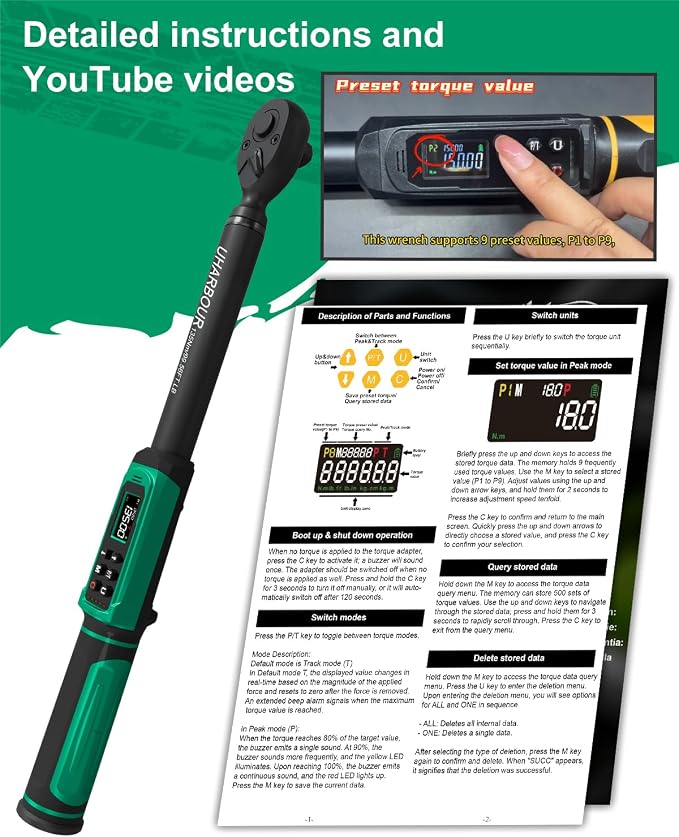 Uharbour 3/8" Digital Torque Wrench 1.5-99.5ft-lbs/6.8-135Nm | ±1% Accuracy Electric Wrench, Dual Direction Ratchet, Vibration & LED Alert