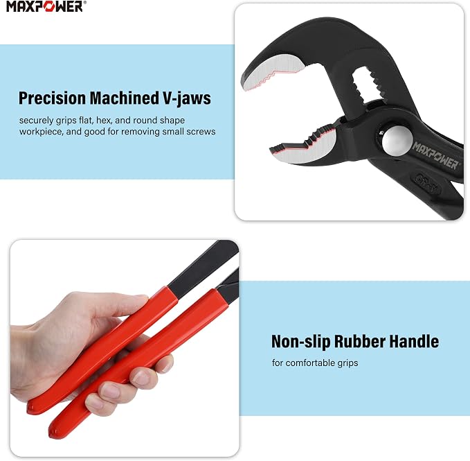 MAXPOWER 16-inch Water Pump Pliers, 3" Jaw Opening V Jaw Adjustable Pliers | Push Button Quick Release Tongue and Groove Pliers, Comfortable Grips