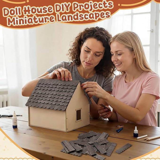Wenqik 100 Strips Dollhouse Roof Shingles 4.25 x 1.14 Inches Each Mini Fish Scale Wooden Dollhouse Miniature Roofing for 1: 12 Scale Doll House Projects DIY Miniature Landscapes (Taupe)