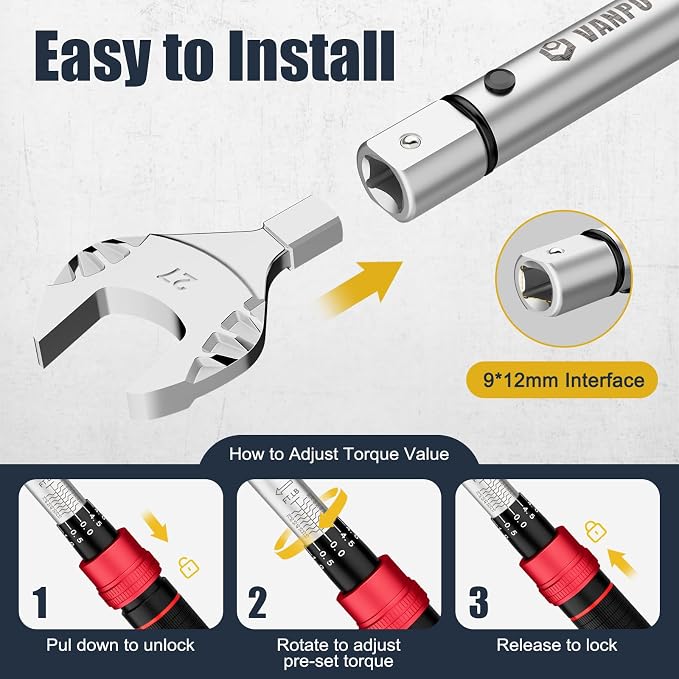 VANPO HVAC Torque Wrench 10–80 Ft-lb, 9×12mm, for Mini Split AC | Adjustable Click Torque Wrench with Open End Heads (17–32mm), ±3% Accuracy, for Refrigeration Flare Nut Installation