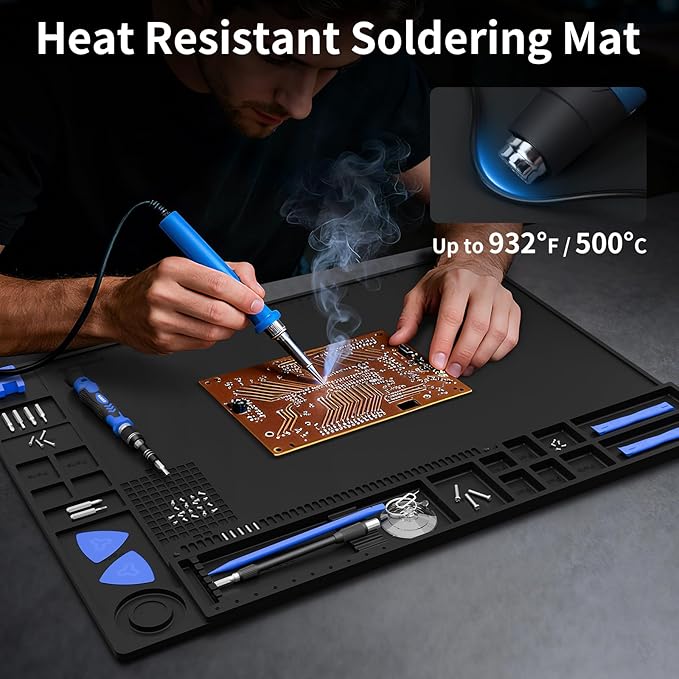 STREBITO Soldering Mat Large, Repair Mat Heat Resistant 932°F, Silicone Work Mat Magnetic Screw Mat for Soldering Iron, Electronics, PC Building, Laptop, RC, Phone, Size 21.7" x 15.8" (Black)