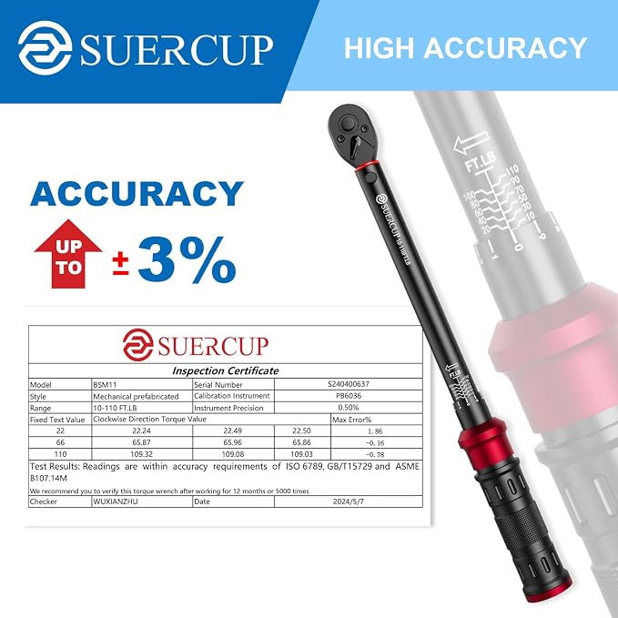 3/8" Click Torque Wrench, 10-110 ft-lb, for Lug Nuts & Spark Plugs | ±3% Accuracy, 13.6-149.2Nm, Dual-Direction 72-Tooth Ratchet, Click Alert, for Engine, Suspension, Motorcycle & Car Repair