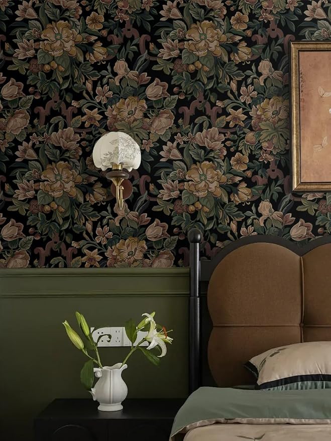 Dimoon Vintage Wallpaper Peel and Stick Archival Dark Green Floral Wallpaper 17.3"x78.7"Flower Leaf Retro Contact Paper for Bedroom Thicken Waterproof Self Adhesive Wall Paper Removable Vinyl Roll