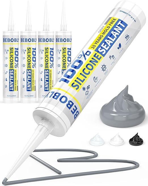 Silicone Caulk & Sealant Gray, 100% Waterproof Silicone Sealant, Shrink & Crack Proof, Silicone Caulking for Kitchen, Bathroom, RV, Interior & Exterior Use, 10.2 FL. OZ/300ML, 4 Pack