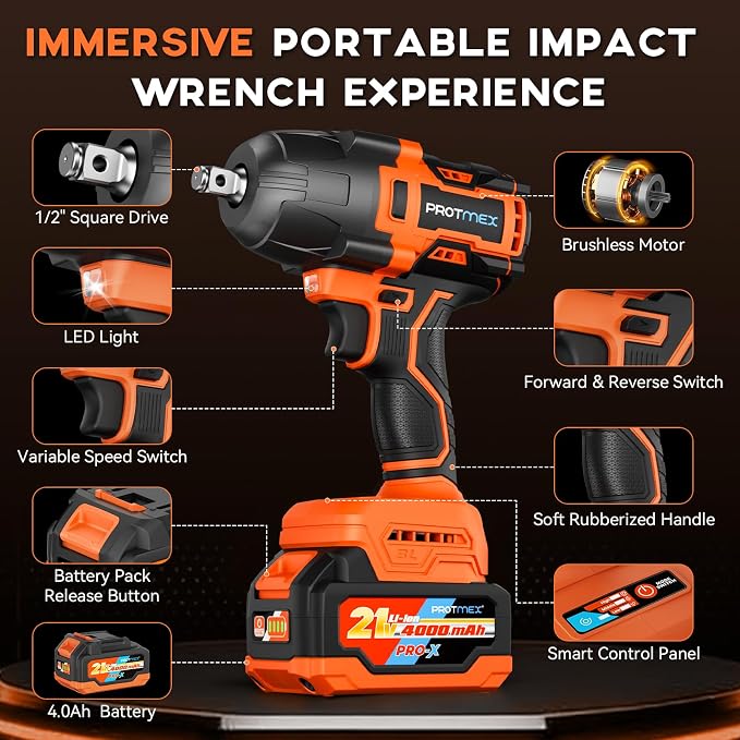900Ft-lbs (1200N.m) Impact Wrench, 1/2" Cordless Impact Driver, 21V High Torque Power Impact Gun - 2x4.0Ah Batteries, Variable Speeds Impact Motor for Pickup Truck/Family Car (Orange Red)