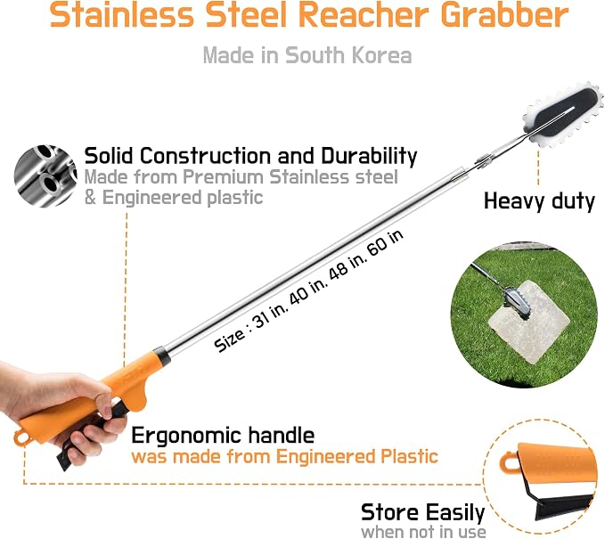 FTH Stainless Steel Grabber Reacher Pickup Tool Heavy Duty Trash Picker 48" | Log BBQ fireplace pits snake tongs plogging tool no wire design outdoor yard cleanup litter picker leaves branches sticks