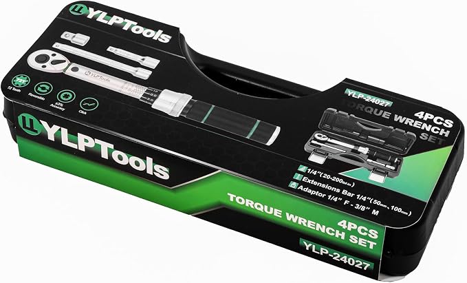 1/4-Inch Drive Click Torque Wrench Set, 20–200 in-lb (2.26–22.6 Nm), ±3% Accuracy, 4-Piece Kit with Adapters, Extension Bar, and Storage Case
