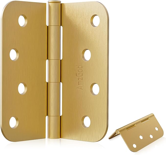 4" X 4" Satin Brass Door Hinges – 6 Pack Gold Door Hinges with 5/8" Radius, Rounded Interior Heavy Duty 4 Inch Exterior & Front Door Hinge for Residential Use