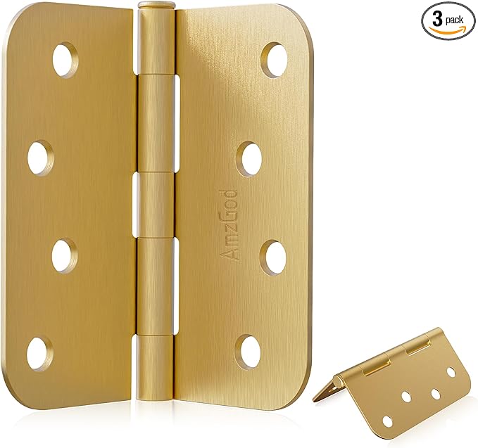 4" X 4" Satin Brass Door Hinges – 3Pack Satin Gold Brushed Brass Door Hinges with 5/8" Radius, Rounded Interior & Heavy Duty Front Door Hinge for Home, Gate, Furniture, Residential Use