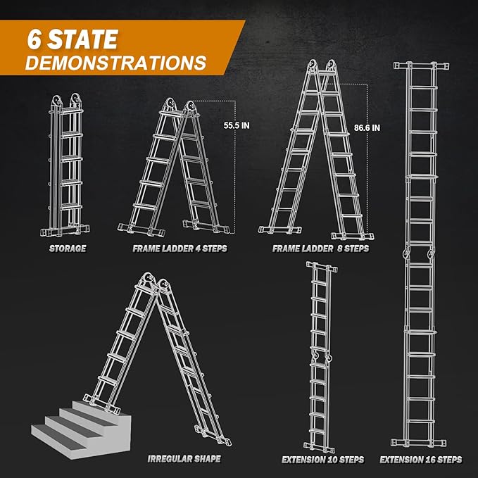 Soctone Ladder, A Frame Extension Ladder, Multi Position with Stabilizer Bar, 330 lbs Weight Rating Telescoping Ladder for Household or Outdoor Work, 17.5 Ft, Orange