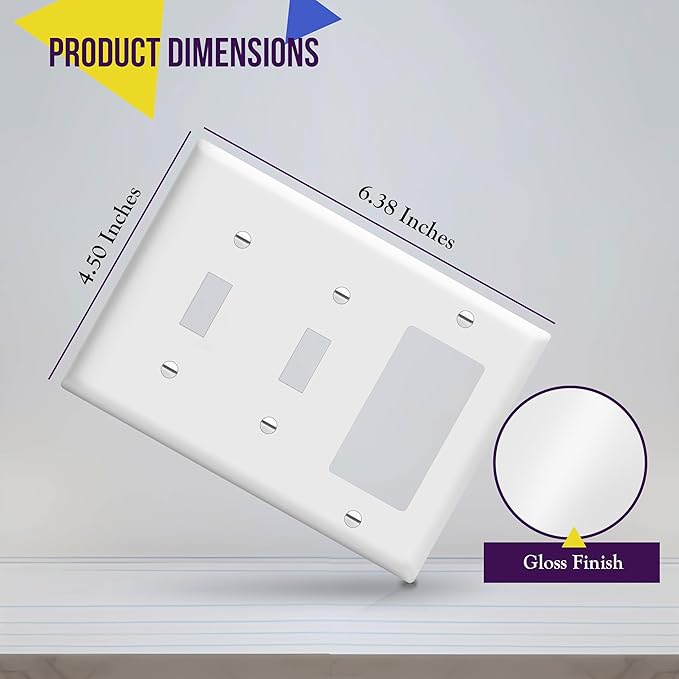 ENERLITES Combination Double Toggle/Single Decorator Rocker Outlet Wall Plate, Standard Size 3-Gang Light Switch Cover(4.5" x 6.38"), Polycarbonate Thermoplastic, UL Listed,881231-W-2PCS, White