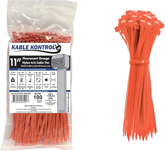 Kable Kontrol Fluorescent Orange Zip Ties 11 Inch 100 Pcs, 50 Lbs Tensile Strength, Self-locking Nylon Colored Cable Ties Wire Wraps for Indoor or Outdoor Use… | Nylon Plastic, Self Locking, UL Listed, Indoor Use