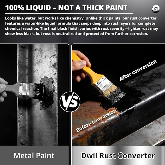 DWIL Rust Converter for Metal, 2 in 1 High-Flow Fluidity Converts Rust, Rust Converter Paint and Primer to Long-Lasting Protective Coating, No Primer Needed, Black, 32 oz