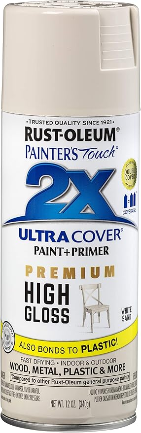 Rust-Oleum 348856 Painter's Touch 2X Ultra Cover Spray Paint, 12 oz, High Gloss White Sand