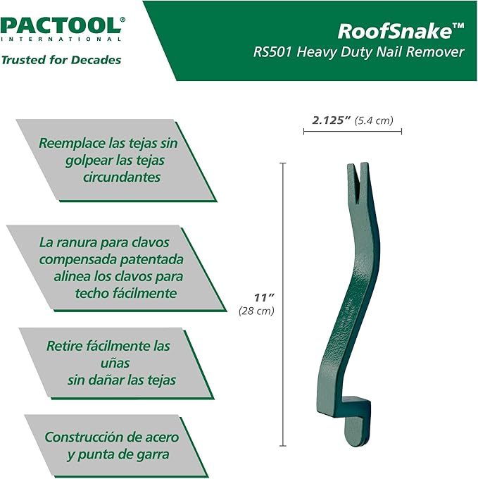 PacTool RS501 Roof Snake Tool - Shingle Pry Bar - Heavy Duty Nail Remover Tool - Roof Shingle Remover - Professional Roofing Tools