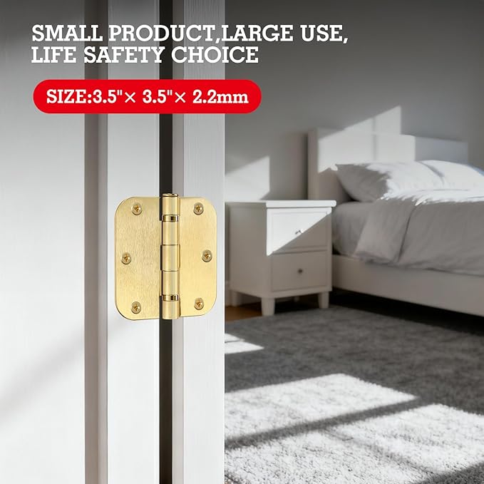 6 Pack Satin Brushed Brass Door Hinges 3-1/2" x 3.5 Inch 5/8"Radius Integral Ball Bearing Door Hinge No Squeak Enduring Mute Standard Hinges for Interior Doors Bed Room RV Home Decor House Essentials