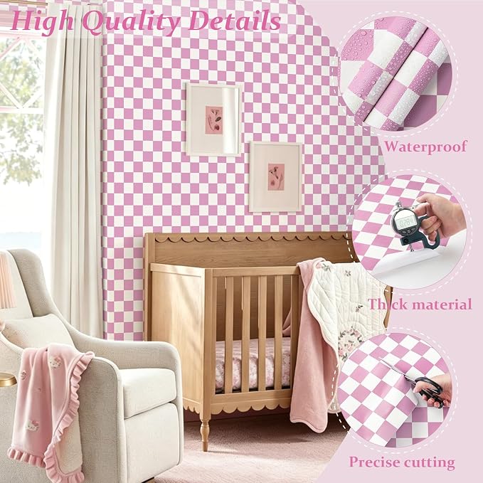 Yasinet Pink Peel and Stick Wallpaper Checkered Wallpaper Modern Pink and White Checkerboard Contact Paper Girl Bedroom Removable Self Adhesive Wall Paper Waterproof for Bathroom Vinyl 17.3" × 393.7“