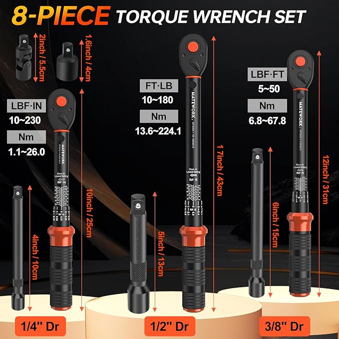 Upgraded Torque Wrench Set 8PCS, 1/4 3/8 1/2 inch Drive Click Torque Wrench, 10-230in.lb, 5-50ft.lb, 10-180ft.lb, 72-Tooth Dual Scale, ±3% Accuracy, 5 Adapters, for Bike, Moto, Car Repair and Maint