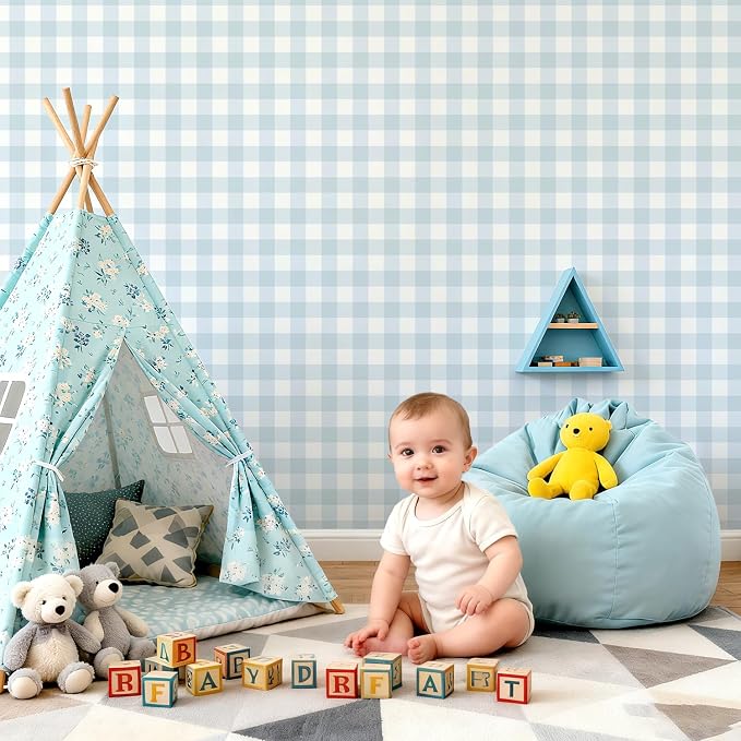 Plaid Wallpaper Peel and Stick, Blue, 17.7"x78.7" | Self Adhesive, Vinyl, Removable, Boho Contact Paper, Checkered Wall Paper for Bedroom, Living Room, Bathroom