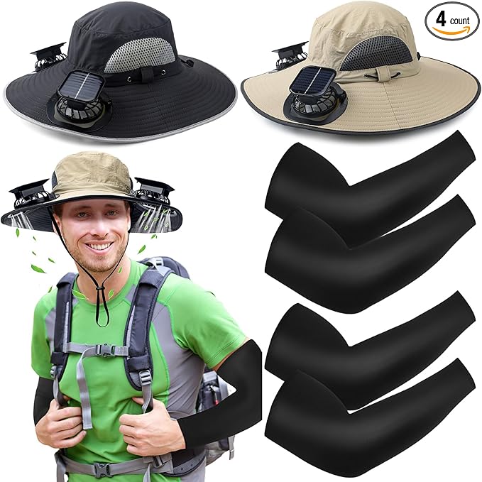 Glitopper 2 Set Wide Brim Solar Fan Hats with 2 Solar Fan and Arm Sleeves Set Outdoor Fishing Bucket Hat for Men Women Hiking