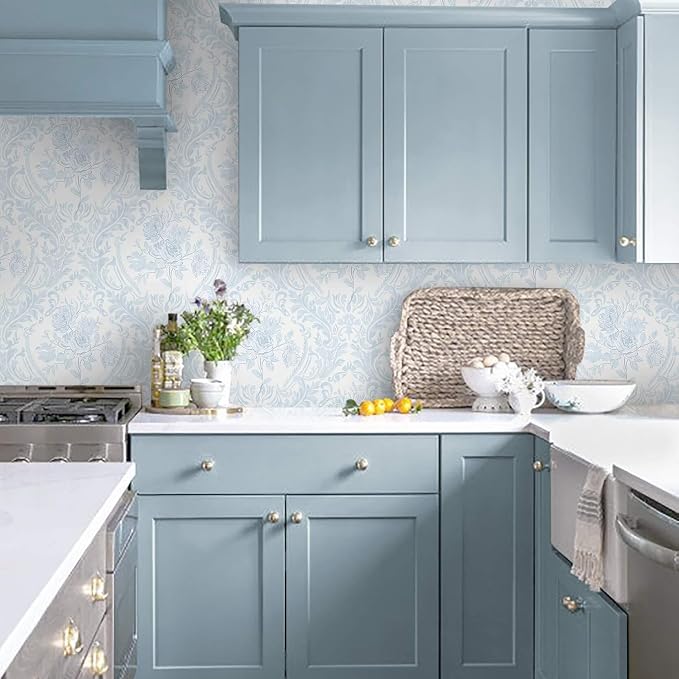 Ismoon Peel and Stick Wallpaper Vintage Floral Contact Paper Boho Watercolor Blue Damask Wallpaper Textured Removable Self Adhesive Vinyl Wall Paper for Bedroom, 17.3 in X 6.5 ft