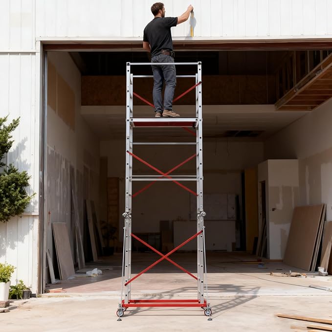 APARECIUM 18‘ Aluminum Scaffold Tower, Multipurpose Rolling Scaffolding Work Platform, Utility Scaffolding Tower, Adjustable Work Platform with Hatch Deck and Guard Rail, 500 Lbs Duty Rate