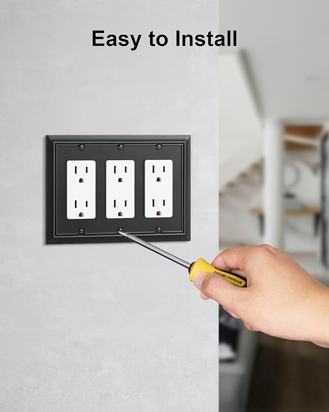 2-Pack Decorative Tripple Decorator Outlet Cover Plate, Durable Natural Bamboo Fiber Matte Black Wall Plates for Electrical Outlets, Receptacle, GFCI Outlet, Dimmer Switch, 3-Gang, Corrosion Resistant