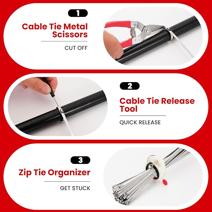 Stainless Steel Cable Tie Gun Set Metal Zip Tie Tool Kit (Red) | Heavy Duty, 150PCS Self-Locking Ties, Adjustable Fastening & Cutting Tool for Outdoor Fencing, Automotive, Exhaust Pipes