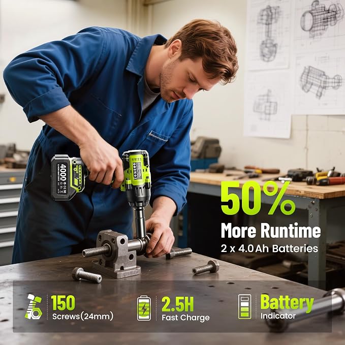 1032 ft-lbs(1400N.m) 1/2 Inch Cordless Brushless Impact Wrench | Includes 2x4.0Ah batteries and fast charger with 11pc tire repair kit, 3-speed, auto-stop, LED light, for car truck RV mower